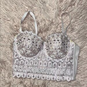 Lace Rhinestone Bustier Corset Top – Cream/Ivory – Size Small – Y2K Glam